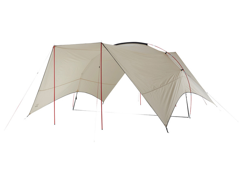 Een beige tentdoek met rode touwen en zwarte palen voor kamperen.