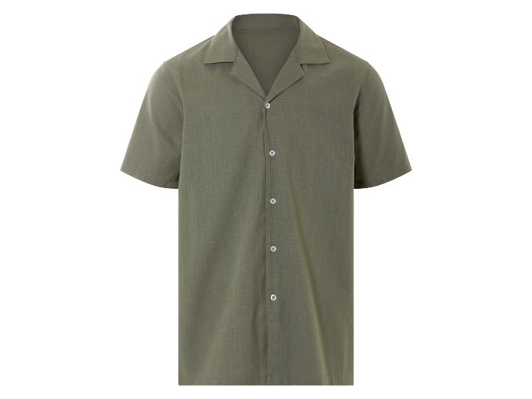 Chemise à manches courtes vert olive, style décontracté.