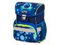 Cartable bleu avec thème football et détails réfléchissants.