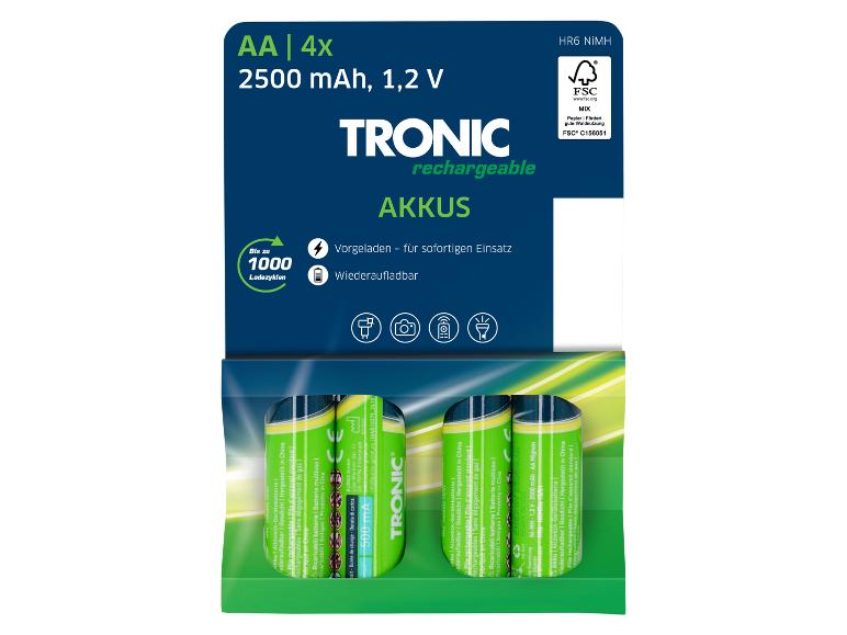 4x Tronic AA oplaadbare batterijen, 2500 mAh.