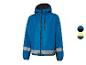 Een blauwe windjack met reflecterende strepen.