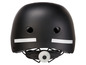 Un casque de vélo noir avec des réflecteurs blancs.