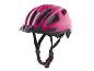 Roze fietshelm met een zwart vizier en verstelbare banden.