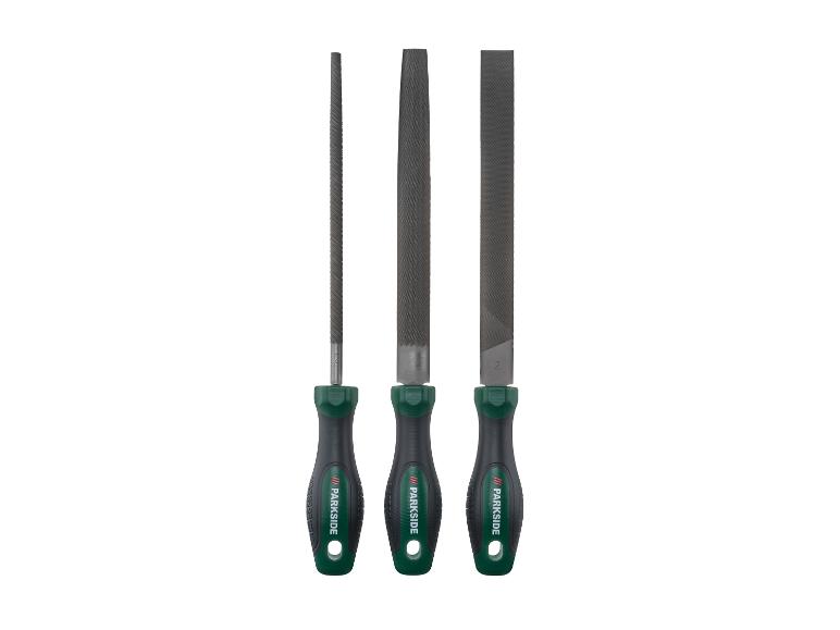 Ensemble de trois limes Parkside avec manches verts et noirs, comprenant une lime ronde, une demi-ronde et une plate.