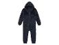 Een donkerblauwe baby romper met capuchon.