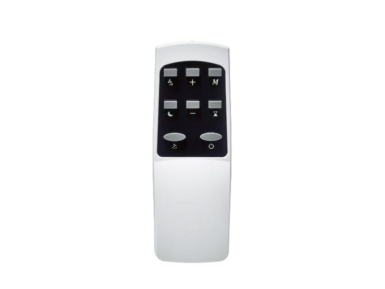 Witte afstandsbediening met zwarte knoppen voor ventilator-, modus-, timer- en stroombediening.