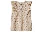 Beige kinderjurk met ruches en een bordeauxrood bloemenpatroon.