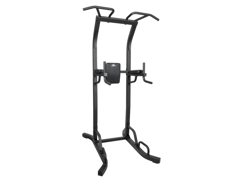 Un rack d'entraînement noir avec une barre de traction et des barres de dips de la marque 