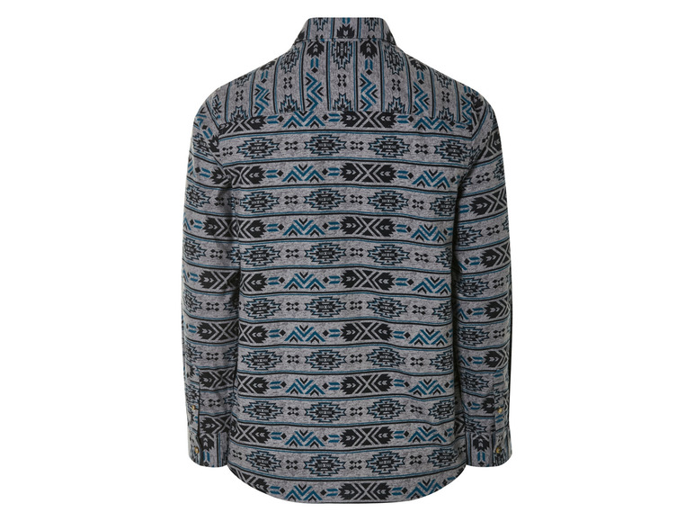 Une chemise grise à manches longues avec un motif géométrique bleu azur et noir.