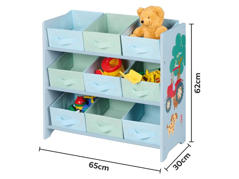 Étagère de rangement bleue pour enfants avec bacs en tissu et jouets, 65x30x62cm.