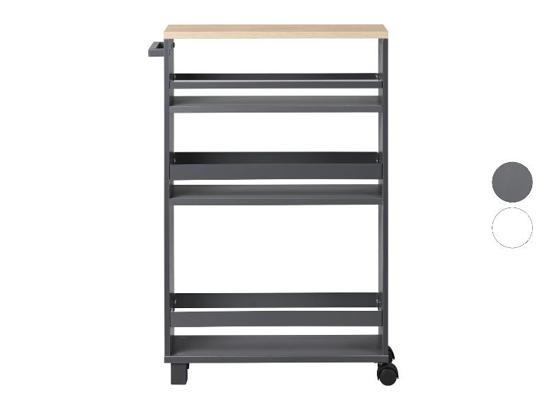 Keukenwagen met 4 planken en houten blad, met wielen en zijhandvat.