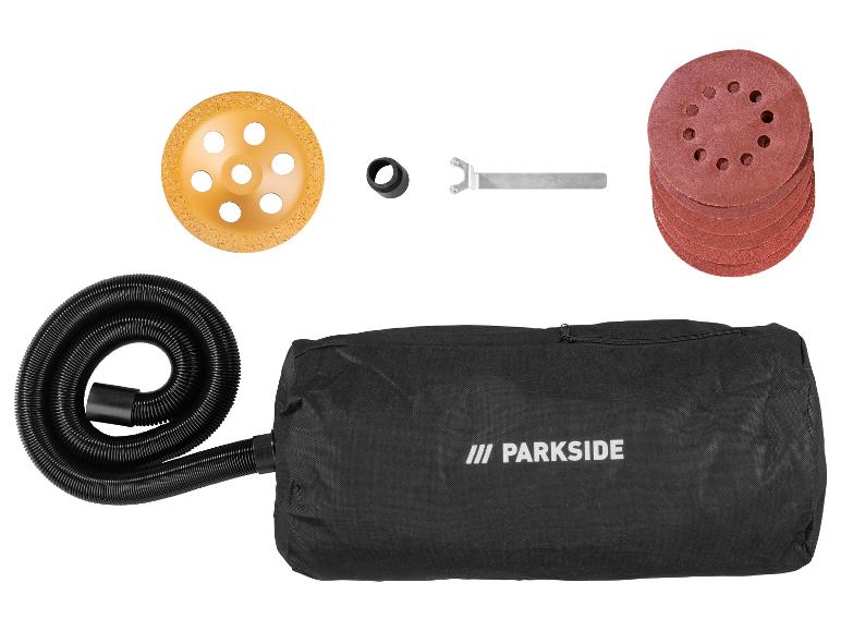 Parkside accessoires voor schuurmachine: diamantschijf, schuurpapier, stofzak en slang.