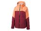Veste de sport bicolore orange et bordeaux avec capuche et fermeture éclair noire.