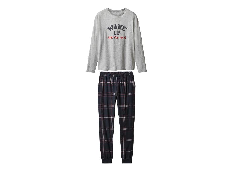 Grijze pyjama met lange mouwen en geruite broek.