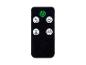 Télécommande noire avec bouton d'alimentation vert et icônes de ventilateur blanches.