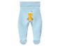 Pantalon de bébé bleu clair avec un poussin jaune et le texte « hello world ».