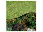 Parterre de fleurs avec fleurs et arbustes, séparé de la pelouse par une bordure noire