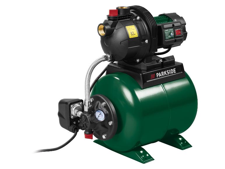 Pompe à eau domestique verte et noire avec réservoir sous pression et manomètre.