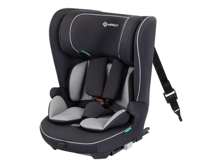 Zwart kinderautostoeltje met grijze inzetstukken en veiligheidsgordels.
