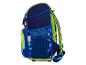 Sac à dos scolaire bleu marine avec des accents verts et bleus, vue latérale.