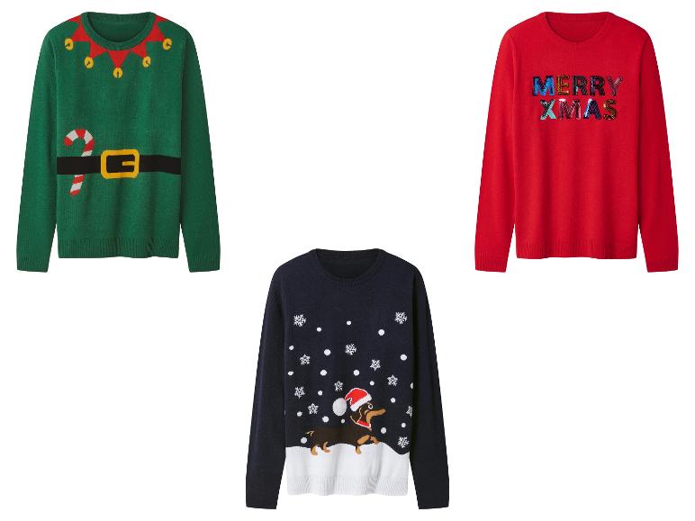 Drie kersttruien: een groene met een elfenriem, een donkerblauwe met een hond en een rode met „MERRY XMAS“.