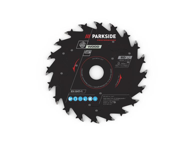 Een Parkside Performance cirkelzaagblad voor hout, met technische specificaties.