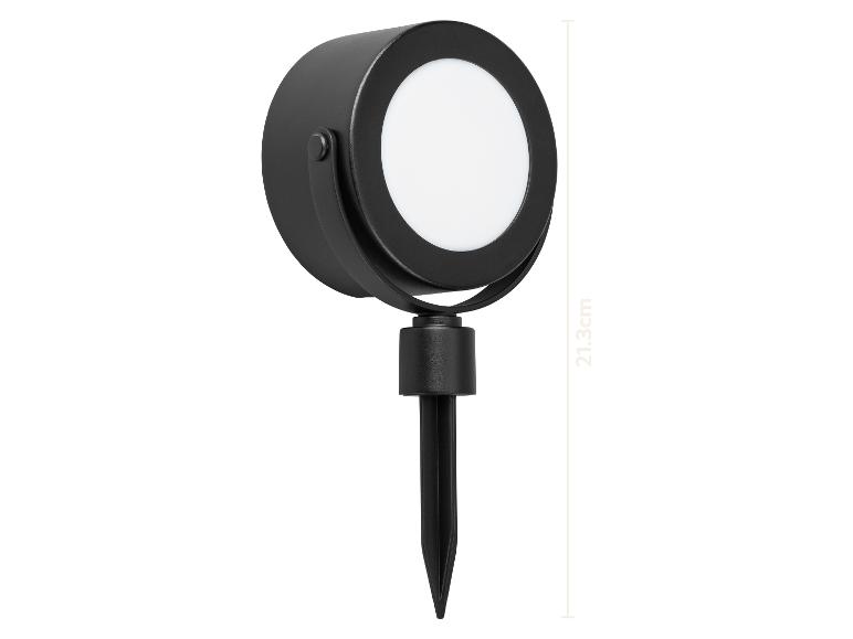 Zwarte tuinlamp met grondspies, totale hoogte 21,3 cm.