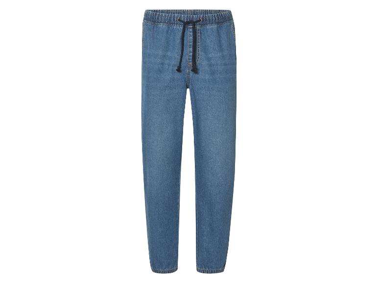 Pantalon en jean bleu à cordon de serrage.