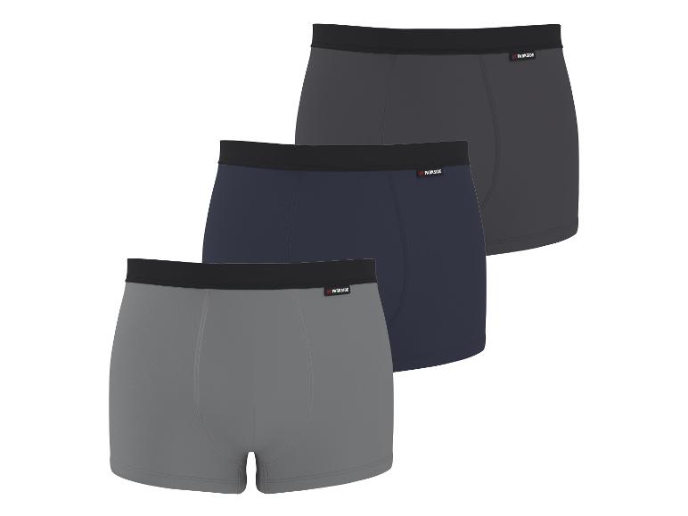 Trois boxers en coton pour hommes en gris foncé, bleu marine et gris clair.