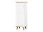 Meuble de rangement blanc et bois avec trois tiroirs et pieds obliques