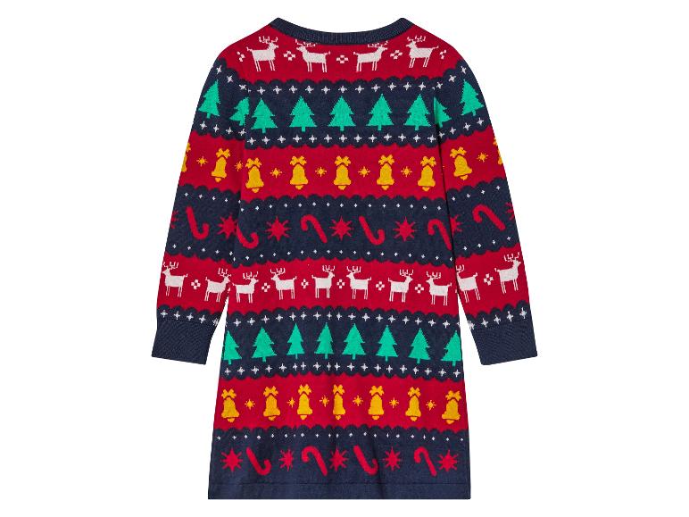 Een rood-blauw kerstjurkje met rendieren, bomen en belletjes.