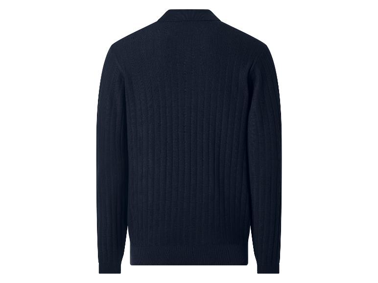 Pull en maille côtelée bleu foncé avec col, vue de dos.