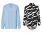 Langarm blouses: een lichtblauwe effen blouse en een zwart-wit zebraprint blouse.