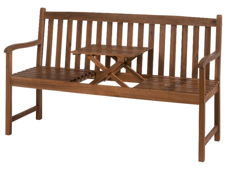 Banc de jardin en bois avec table pliante intégrée.
