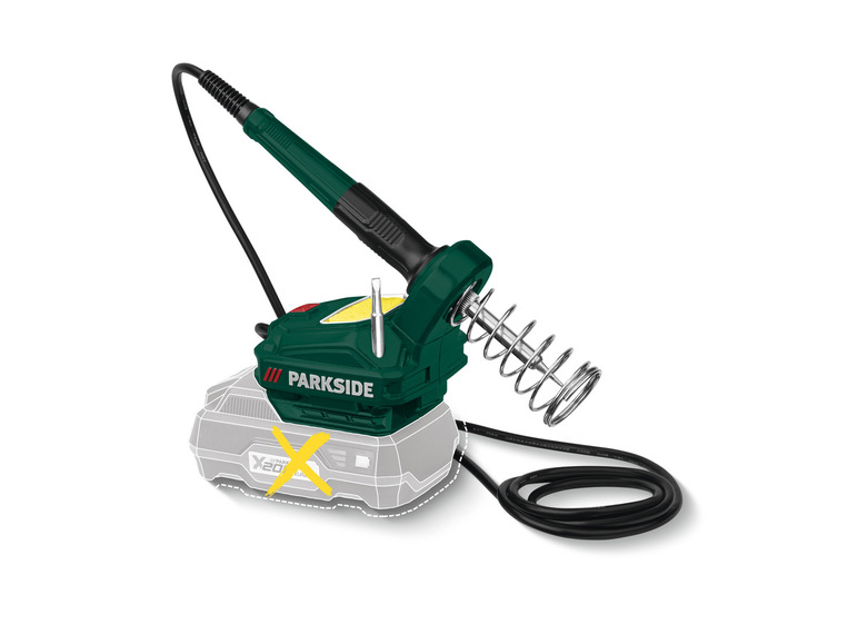 Een groene Parkside soldeerstift met een zwarte kabel.