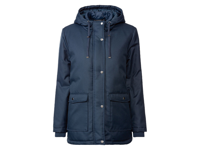 Een donkerblauwe winterjas met capuchon.