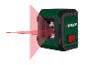 Niveau laser vert et noir projetant des lignes rouges horizontales et verticales.