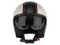 Casque de moto blanc et noir avec une bande rouge, une visière transparente et une jugulaire.