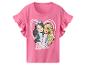 Roze T-shirt met ruches, met Barbie-print van twee meisjes en de tekst 'Barbie'.