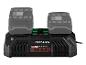 Chargeur double avec deux batteries 20V, indicateurs de charge et tableau des temps de charge.