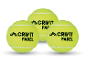 Drie gele padelballen met de tekst 'CRIVIT PADEL' op een witte achtergrond.