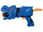 Blauwe speelgoedpistool met dinosaurusontwerp, met de tekst 'Rapid Fire'.
