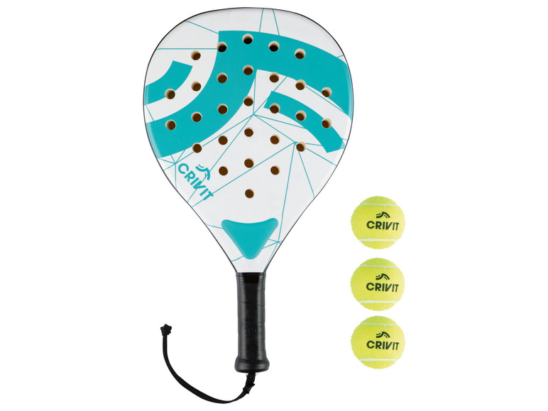 Een blauwe en witte padelracket met drie Crivit padelballen