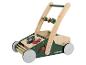 Een groene houten loopwagen met wielen, een bakje, tandwielen en kralen van Parkside.