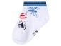 Chaussette enfant blanche avec araignées bleues et rouges et rayures sur le revers.