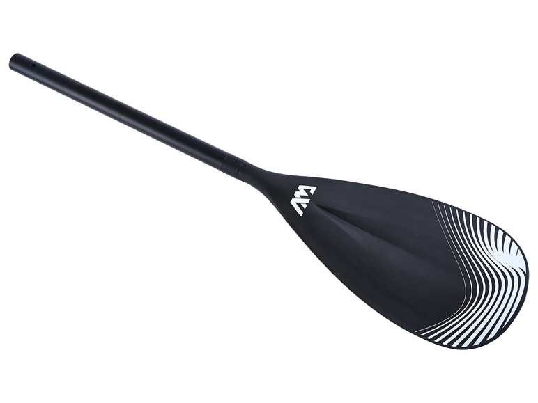 Une pagaie noire avec un logo 'W' blanc et un motif ondulé.