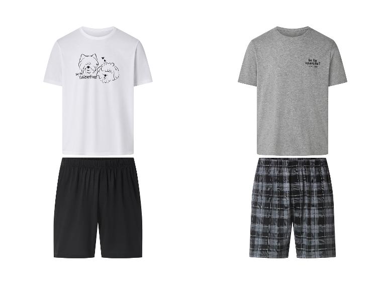 Pyjama T-shirt en korte broek: wit met hondenontwerp, grijs met tekst.