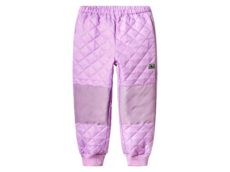 Pantalon matelassé violet avec empiècements renforcés et poignets côtelés.