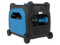 Een blauwe Güde ISG 6600-3 E inverter generator met wielen.