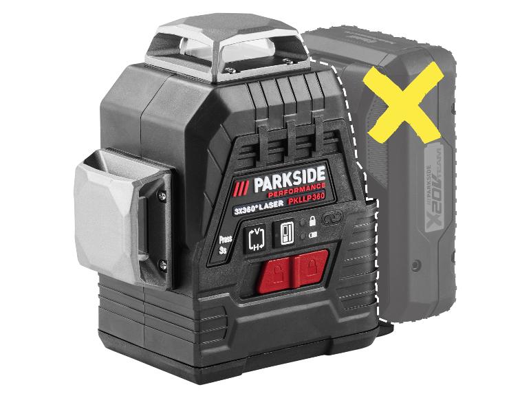 Laserwaterpas met een 20V accu, gemarkeerd met een gele X.